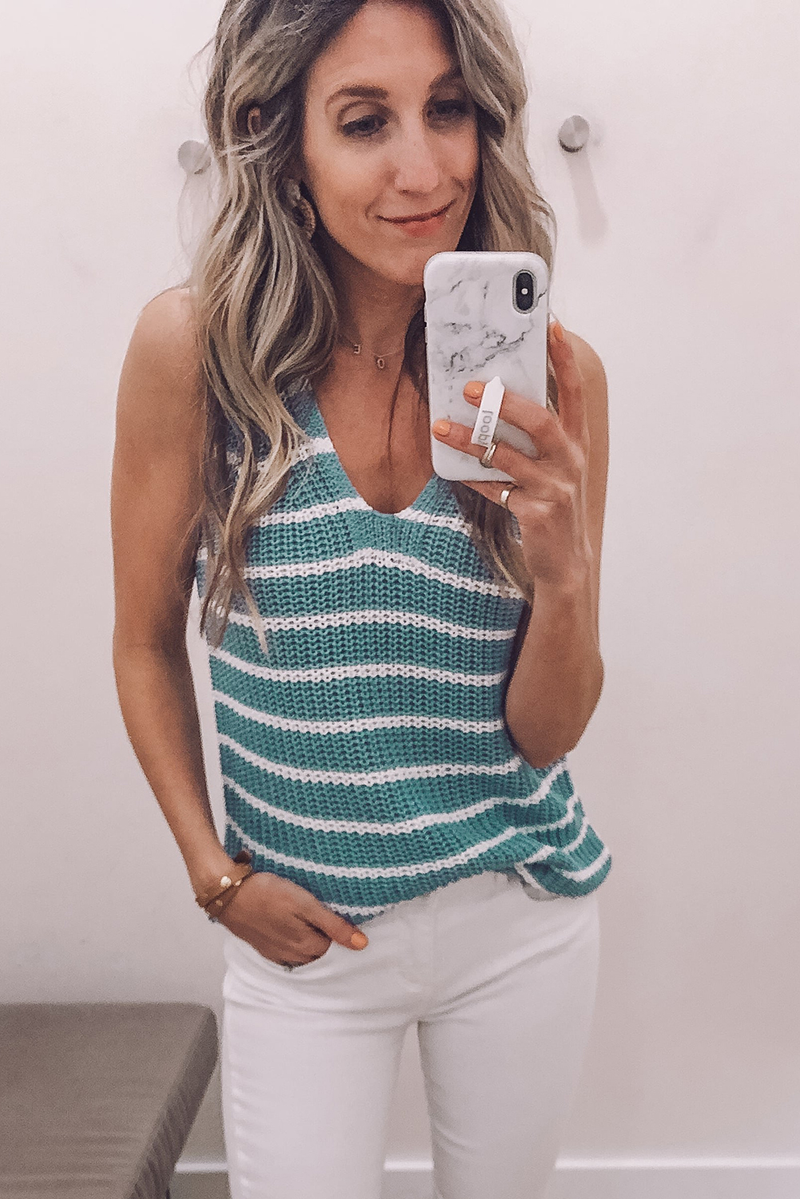 Blue Striped V Neck Sleeveless Knitted Tank Top