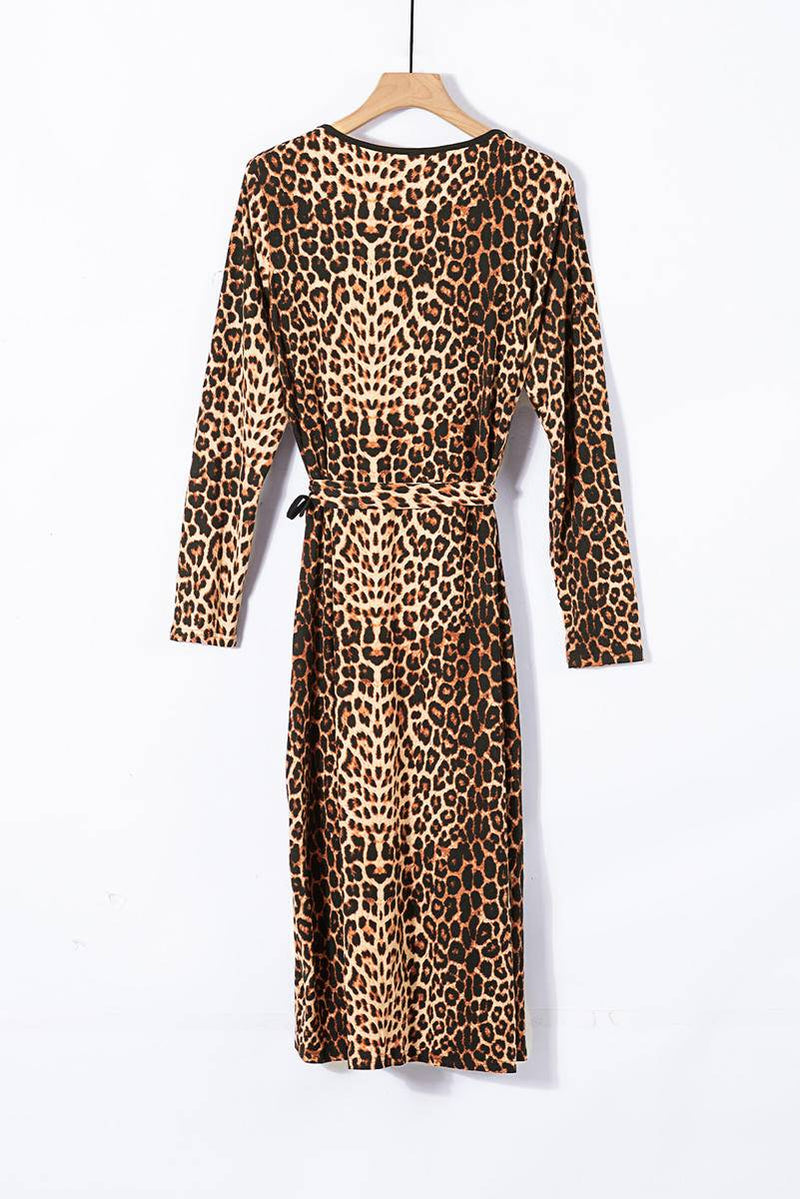 Leopard Wrap V Neck Plus Size Dress With A Slit