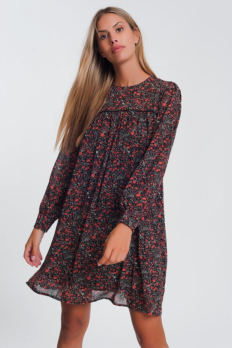 Swing Dress With Long Sleeves in Black Ditsy Floral - Sorta Stuff
