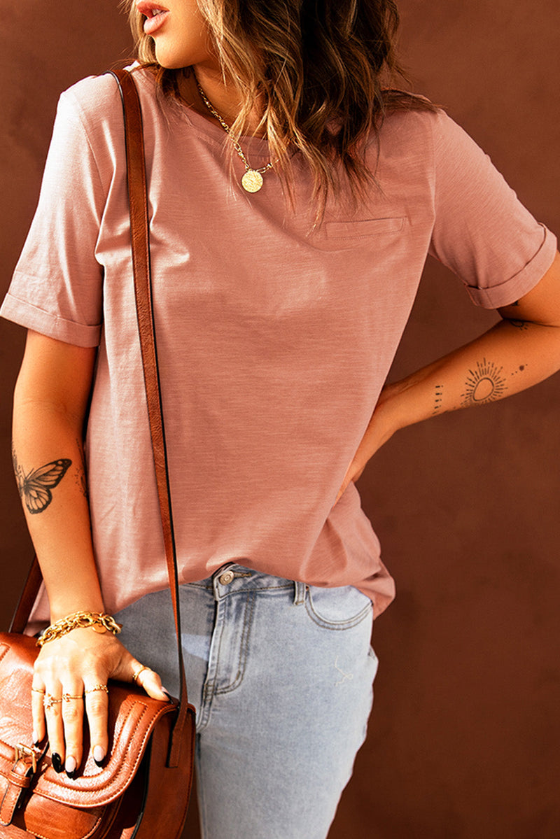 Solid Color Rolled Short Sleeve T Shirt