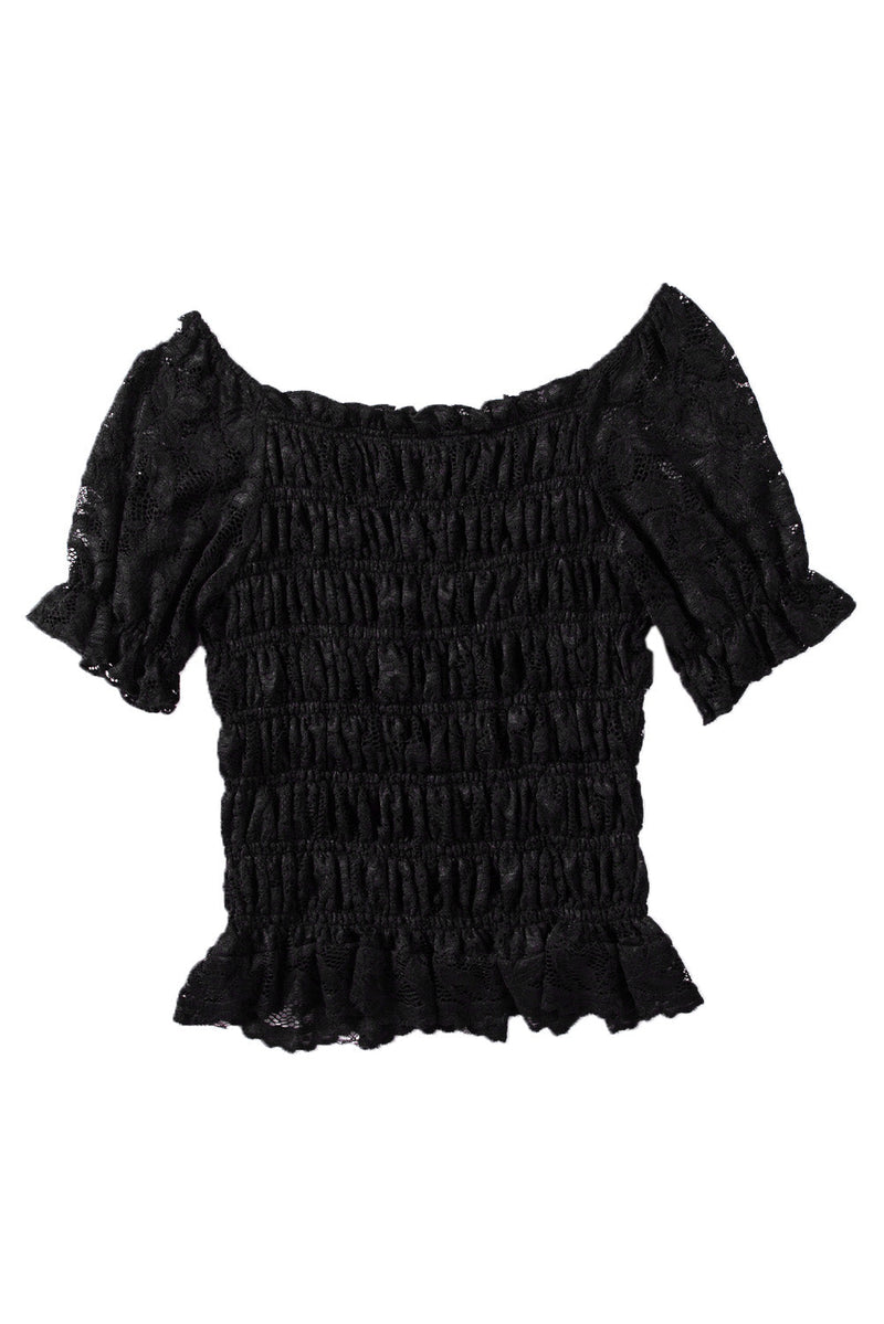 Floral Lace Crochet Ruffled Shirred Square Neck Top