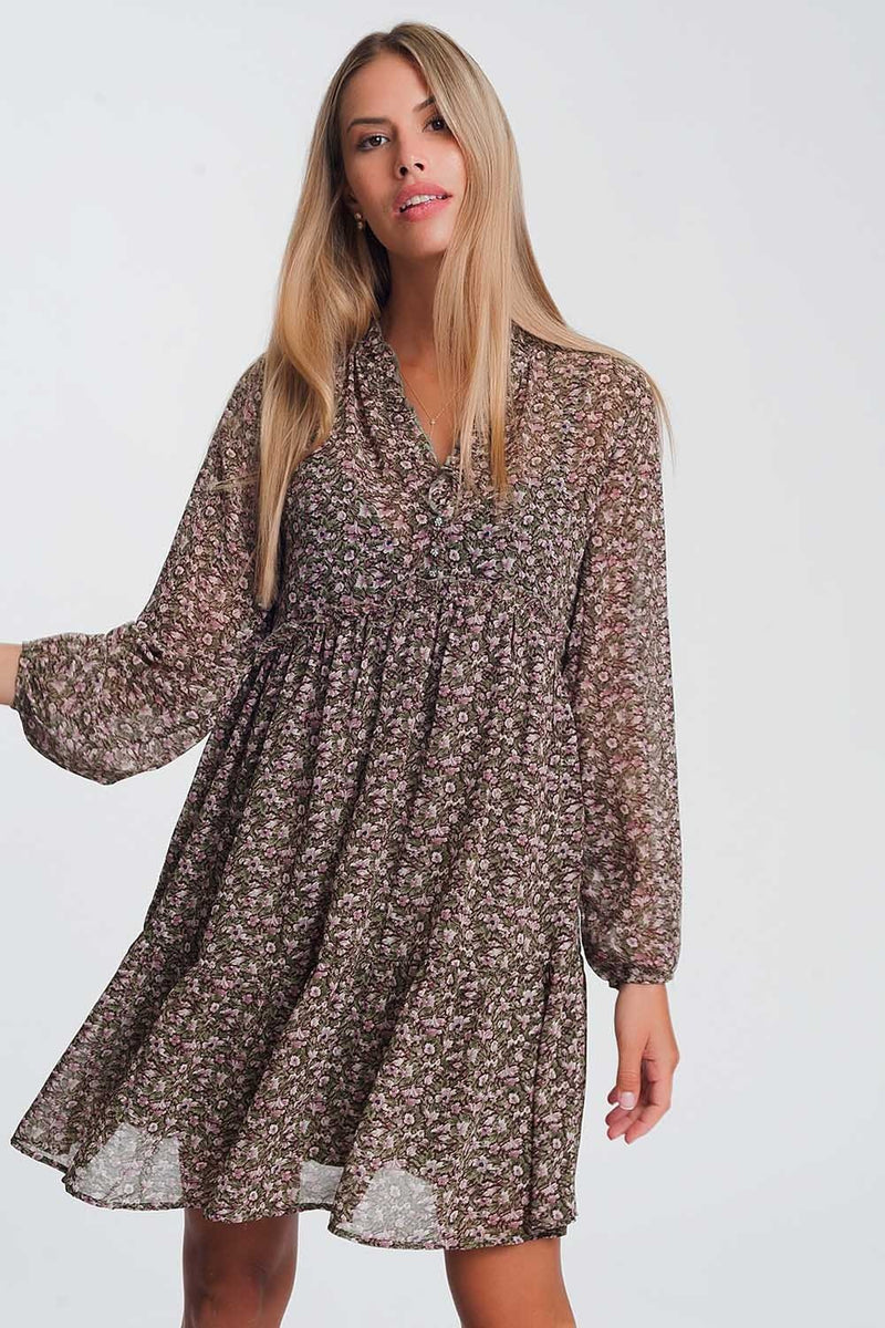 Smock Mini Dress With Ruffle Neck in Brown Ditsy Floral - Sorta Stuff