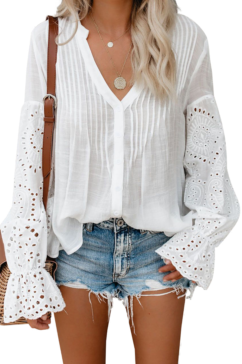 White Casual Eyelet Button Up Blouse for Women