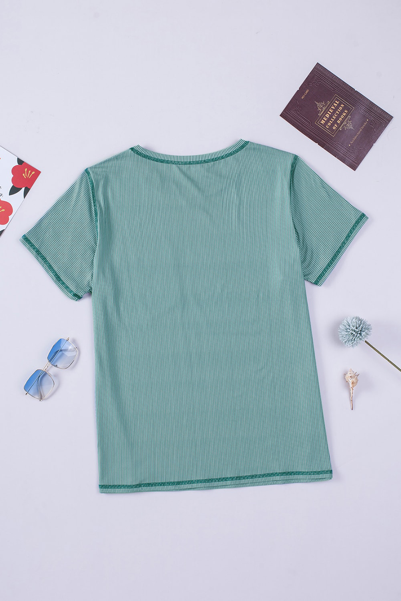Green Ribbed Knit Pocketed Plus Size T Shirt