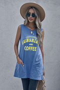 Sky Blue Sunshine And Coffee Letters Graphic Tank With Pockets