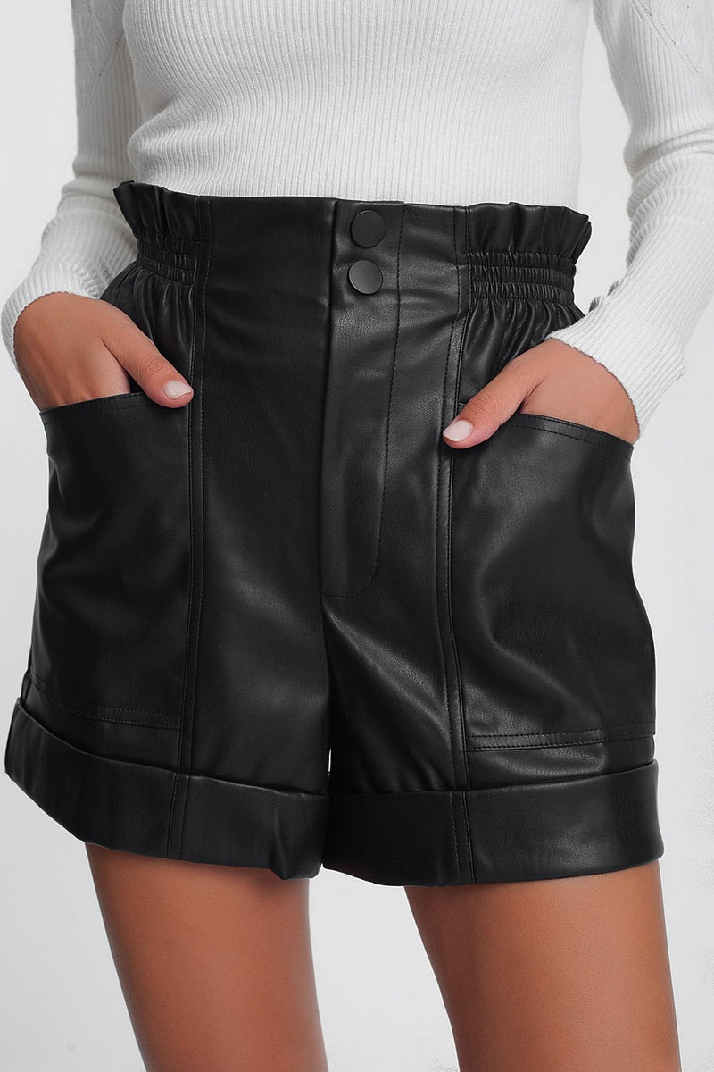 Paper-Bag Waist Faux Leather Shorts in Black - Sorta Stuff