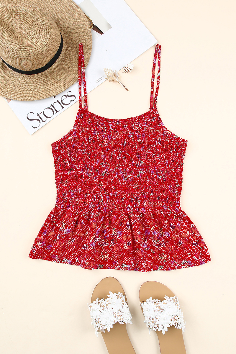 Red Floral Print Smocked Flounce Spaghetti Strap Camisole