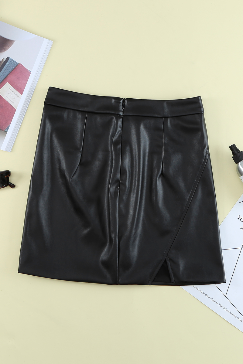 Black Faux Leather Mini Skirt With Slit