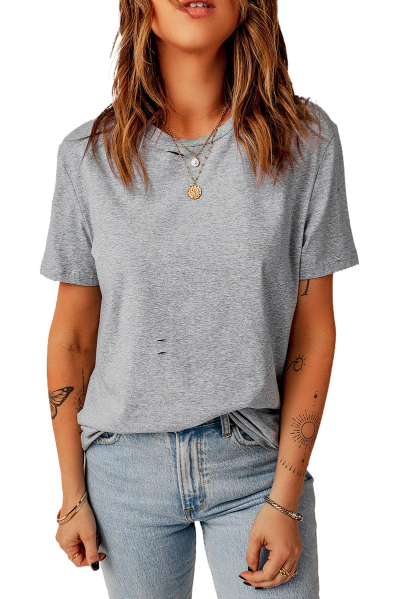 Ripped Solid Color Short Sleeve T Shirt