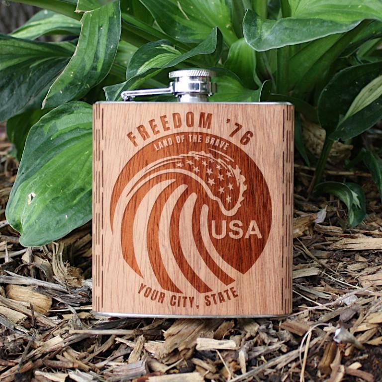 6 Oz. Wooden Hip Flask - Freedom '76 Collection (Customized With Your City & State) - Sorta Stuff