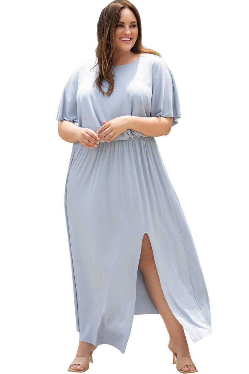 Plus Size Short Sleeves Rib Knit Maxi Dress With Slit