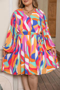 Plus Size Abstract Print Oversized Sleeve Belted Dress