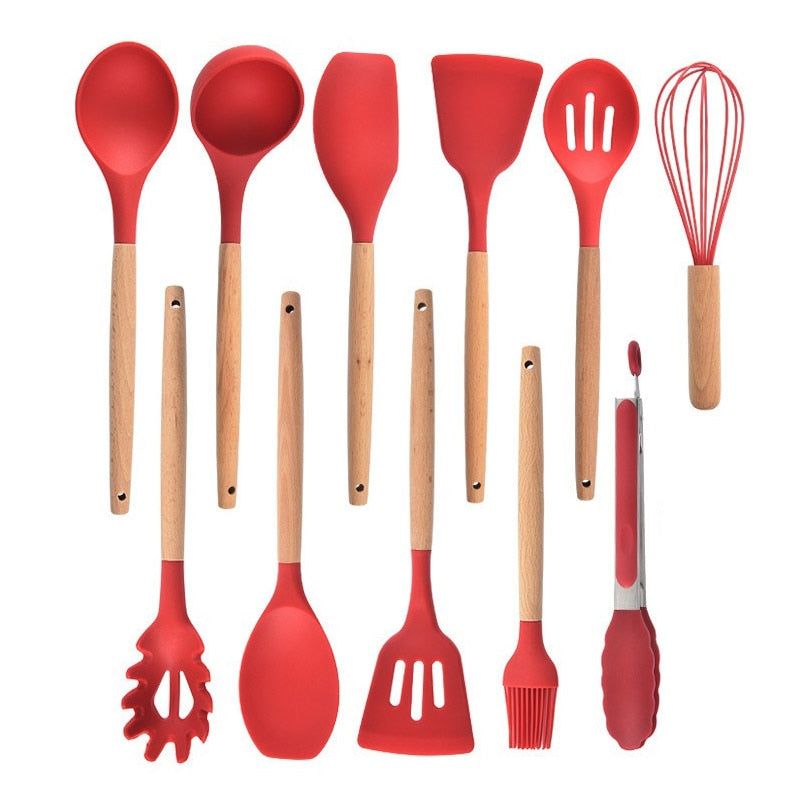 Non-stick Silicone Kitchenware Cooking Utensils Set Cookware Spatula Shovel Egg Beaters Wooden Handle Kitchen Cooking Tool Set